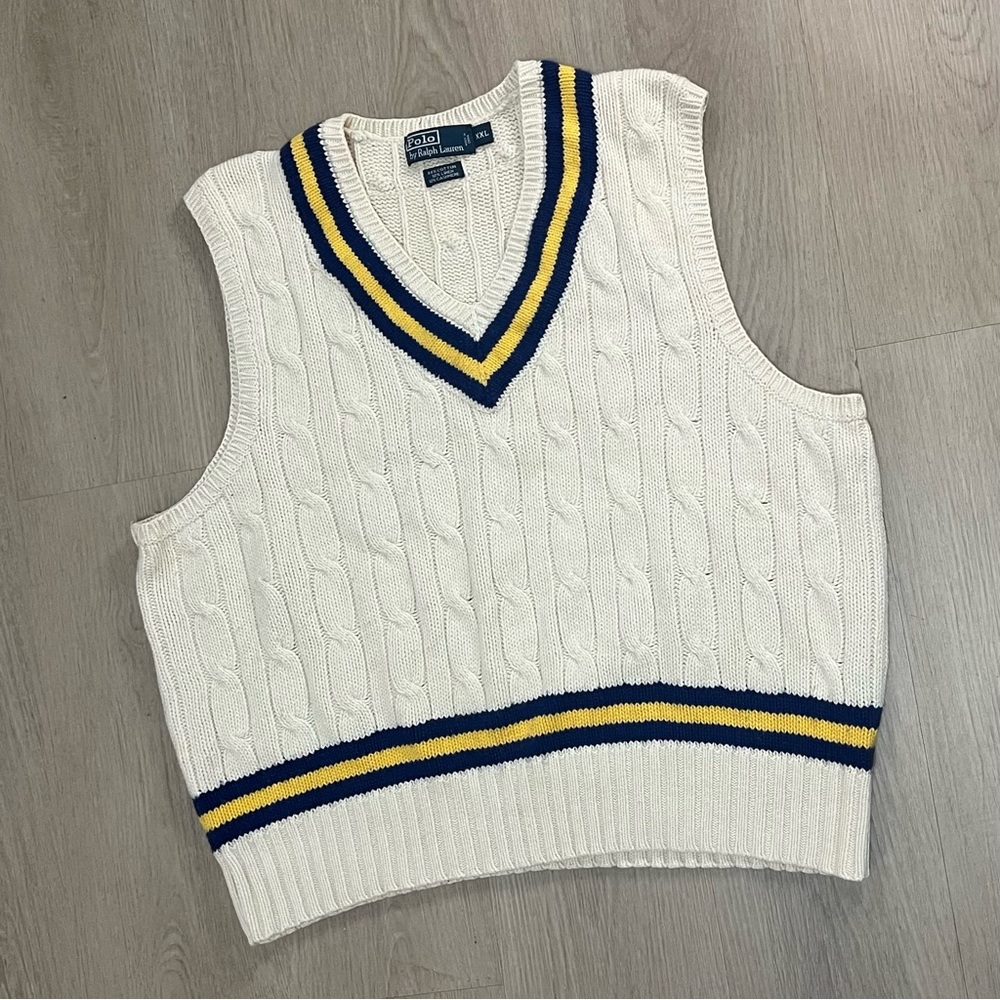 WORN Polo by Ralph Lauren Cable Knit Cashmere V-Neck Sweater Vest Beige/Navy